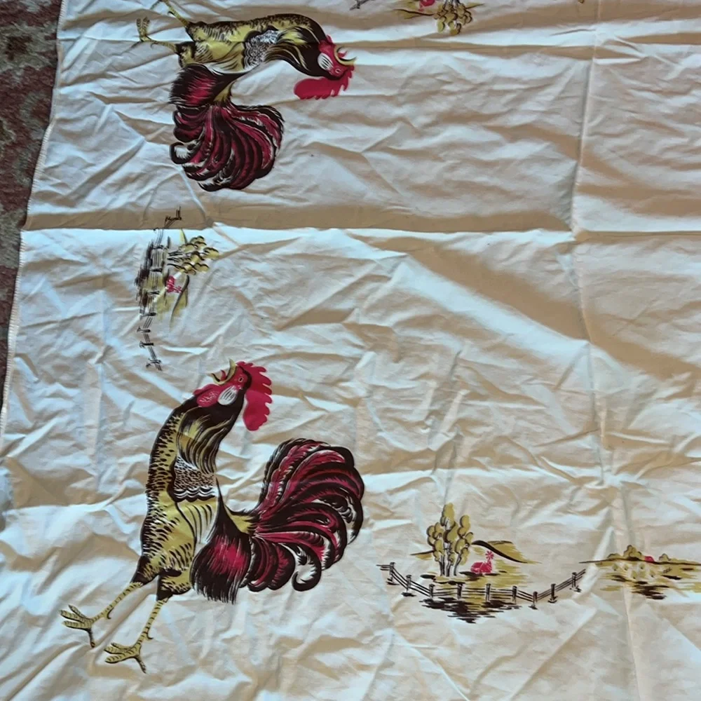 Vintage California Hand Prints Roosters tablecloth 50” x 66”